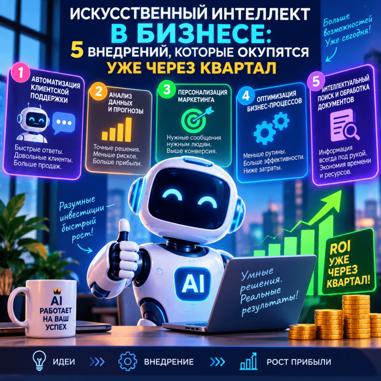 Искусственный интеллект в бизнесе: 5 внедрений, которые окупятся уже через квартал.